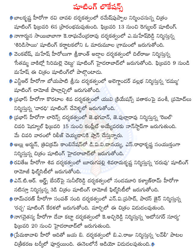 nagarjuna in shirdi sai shooting,prabhas in varadhi shooting,nagachaitanya in auto nagar surya shooting pawan kalyan in gabbar shooting,ramcharan in rachcha shooting,ntr in dammu shooting,balakrishna new film starts on feb 6th  nagarjuna in shirdi sai shooting, prabhas in varadhi shooting, nagachaitanya in auto nagar surya shooting pawan kalyan in gabbar shooting, ramcharan in rachcha shooting, ntr in dammu shooting, balakrishna new film starts on feb 6th